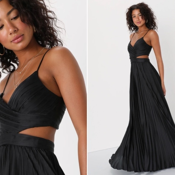 LULUS Prom Wedding Bridesmaid Got the Glam Black Blue Pleated Cutout Maxi Dress - Picture 1 of 4